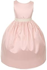 Girls Tea Length Full-Skirt Satin/Tulle Beaded   Flower-Girl Dress/Party Dress  With Rhinestones and a Sash  and Pearls