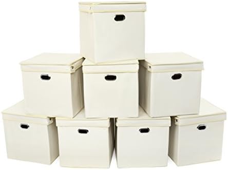 aurAscend Company Foldable Collapsible Fabric Storage Bin Cube with Lid and Side Metal Eyelets (4, Beige)