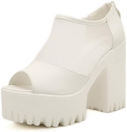 WeenFashion Womens Open Peep High Heel Platform Chunky Heels PU Soft Material Solid Sandals with Zipper, White, 7.5 B(M) US