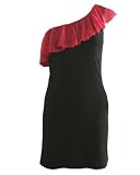 Ladies One Shoulder Knit Dress Black with Pink tone Ruffle