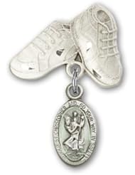 Sterling Silver Baby Badge with Blue St. Christopher Charm and Baby Boots Pin