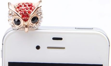 Highwinwin Bling Crystal 3.5mm Rhinestones Night Owl Pattern Cellphone Charms Anti-Dust Dustproof Earphone Audio Headphone Jack Plug Stopper for iPhone 4 4S Samsung Galaxy S2 S3 Note I9220 Nokia HTC Sony Lenovo Motorola LG(Red)