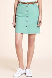 Button Through A Line Stretch Denim Skirt with Belt
