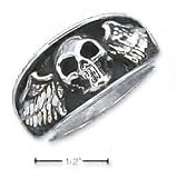 Sterling Silver Mens Skull With Wings Ring - Size 8.0