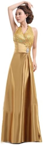 IBEAUTY DRESS Halter Deep V-neck Long Prom Dress Gold US 10