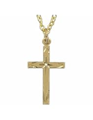 24K Gold Over .925 Sterling Silver Cross Pendant Necklace in Diamond Engraved Design Cross Pendant Necklaces Gold Gift Boxed.w/Chain Necklace 18" Length Gift Boxed.