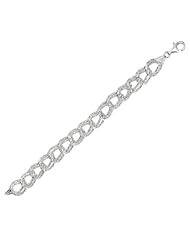 Silver Rhodium Plated 08" 12.8mm Polish Double Triangular Like Hammered Link Fancy Bracelet With Pear Shape Clasp