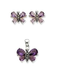 Sterling Silver Marcasite and Purple CZ Earring and Pendent Set