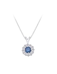 Center Blue and White Diamond Halo Pendant with Chain in 14K White Gold (1/2 cttw)