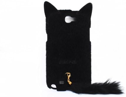 DE New Fashion Cartoon Animal Series Black With Fluffy Plush Tail Fur Ear Cat Style Plush + TPU Soft Case Cover Shell Compatible for Samsung Galaxy Note 2 II N7100
