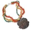 .925 Silver, Turquoise, Red Coral & Carnelian Necklace with Carved Stone Pendant- 16 IN