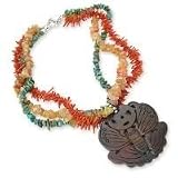.925 Silver, Turquoise, Red Coral & Carnelian Necklace with Carved Stone Pendant- 16 IN