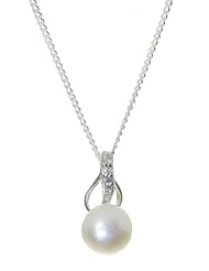 Classical 925 Sterling Silver 8.0mm White Pearl Women Pendant + Chain with Cubic Zirconia/CZ