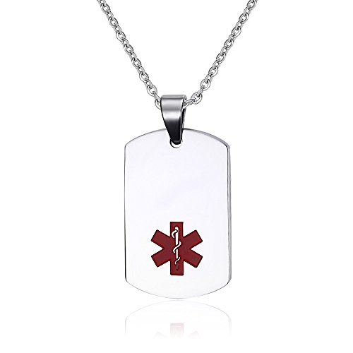 Stainless Steel Medical ID Dog Tag Necklace with Chain -Free Custom Engraving,Diabetic,Asthma