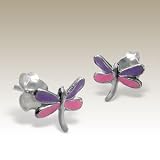 Purple and Pink Dragonfly Ear Studs with Crystals for Girls