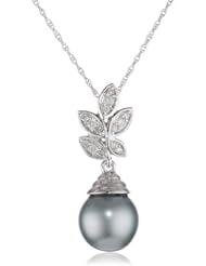 10k White Gold, Tahitian Cultured Pearl and Diamond Pendant Necklace (0.1 cttw, GH Color, I2-I3 Clarity), 17"