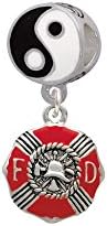 Red Enamel Fire Department Medallion Yin Yang Charm Bead