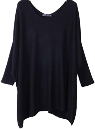 Women's Plus Size Casual Loose Long Sleeve Knit Sweater Batwing Blouse (Black)