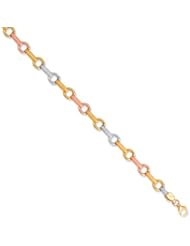 14K Yellow White And Rose Gold 7.25" 7.0mm Textured Polish Alternate Open Round And Long Rectangular Like Shape Tri Color Fancy Bracelet With Pear Shape Clasp