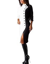 Polyester/Spandex Knee Length Slit Colorblocking Turtleneck Midi Dress 