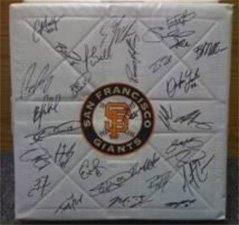 Signed Giants, San Francisco (2010 World Series Champions) 2010 SAN FRANCISCO GIANTS TEAM AUTOGRAPHED BASEBALL BASE! ONE OF THE BEST COLLECTIBLES FOR ANY GIANTS FAN THIS YEAR. by: Manager Bruce Bochy, Brian Wilson, Jonathan Sanchez, Guillermo Mota, Javier Lopez, Tim Lincecum, Santiago Casilla, Matt Cain, Madison Bumgarner, Jeremy Affeldt, Buster Posey, Eli Whiteside, Mike Fontenot, Aubrey Huff, Tr