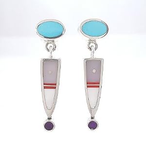 Southwestern Native American Turquoise and Opal Earth and Sky Sterling Silver Dangle Earrings by Ray Tracey, #8547