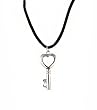Necklace - N444 - Heart Key - Silver Tone Metal - hung on Black Satin / Silk Cord (16-1/2") + 2" Extension Chain