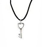 Necklace - N444 - Heart Key - Silver Tone Metal - hung on Black Satin / Silk Cord (16-1/2) + 2 Extension Chain