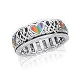 Sterling Silver Celtic Knot and Rainbow Peace Heart Spinning Ring (Size 4,5,6,7,8,9,10,11,12,13,14,15)