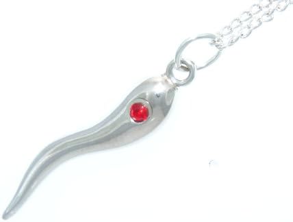 Italian Horn Charm Ruby Cz Silver Plated Pendant & Necklaces 18" Steel Chains