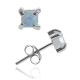 Sterling Silver 4mm Square Created Fiery Blue Opal Stud Earrings