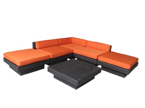Lexington Modern Laguna 6-Piece Outdoor Rattan, Espresso with Orange Cushions