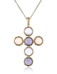 Multi-Color Glass Rolo Chain Gold Plated Brass Cross Pendant Necklace, 24"