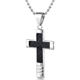 Celebrity Style Surgical Stainless Steel Black Carbon Fiber Cross Pendant on a Stainless Steel Ball Chain for Men