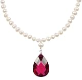 Sterling Silver Clasp 4mm White Freshwater Pearl with Faceted Cubic Zirconia Pear Shape Drop Ruby Color Necklace, 18