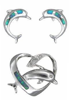 Sterling Silver Hawaiian Blue Opal Heart Dolphin Pendant and Dolphin Earring Set