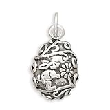 Sterling Silver Charm .625 in Decorated Easter Egg with Bunny Rabbit & Flowers