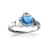 14K White Gold Heart Genuine Blue Topaz Celtic Claddagh Ring