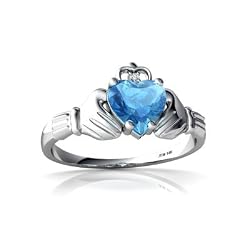 14K White Gold Genuine Heart White Topaz and Diamond Celtic Claddagh Ring