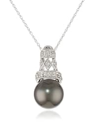 10k White Gold Diamond and Black Tahitian Cultured Pearl Fashion Pendant with Chain, (0.06 cttw, G-H Color, I2;I3 Clarity),17"