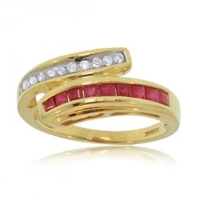 14K Yellow Gold Modern Bypass Ring w Ruby and Diamonds by GemAffair