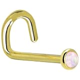  : Solid 14KT Yellow Gold 2mm Light Pink Synthetic Opal Left Nostril Screw - 20 Gauge
