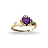 14K Yellow Gold Genuine Heart Amethyst and Diamond Celtic Claddagh Ring