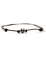 POEMANA perles de culture Ajustable Brown Leather Necklace With A Round Tahitian Pearl