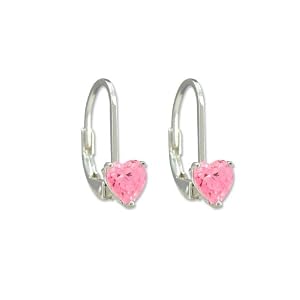 Disney Princess Sterling Silver Pink Heart Cubic Zirconia Lever Back Earrings