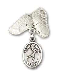 Sterling Silver Baby Badge with St. Sebastian/Figure Skating Charm and Baby Boots Pin