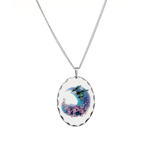 Necklace Oval Charm Hummingbird And Hibiscus