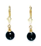 14k Yellow Gold Black 7x7mm Onyx Ball Drop Leverback Swarovski Earrings - Measures 27x7mm