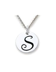 Stellar White (tm) 925 Sterling Silver Script Initial Disc Pendants -16 to 18 Inch Adjustable Chain Included