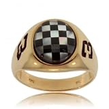 Men's Black Onyx Mother of Pearl 10K Yellow Gold #3 Checkered Flag Racing Ring